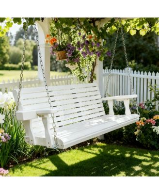 5-ft. Extra Large 3-Seater Wooden Porch Swing with Cup Holders, Pure White