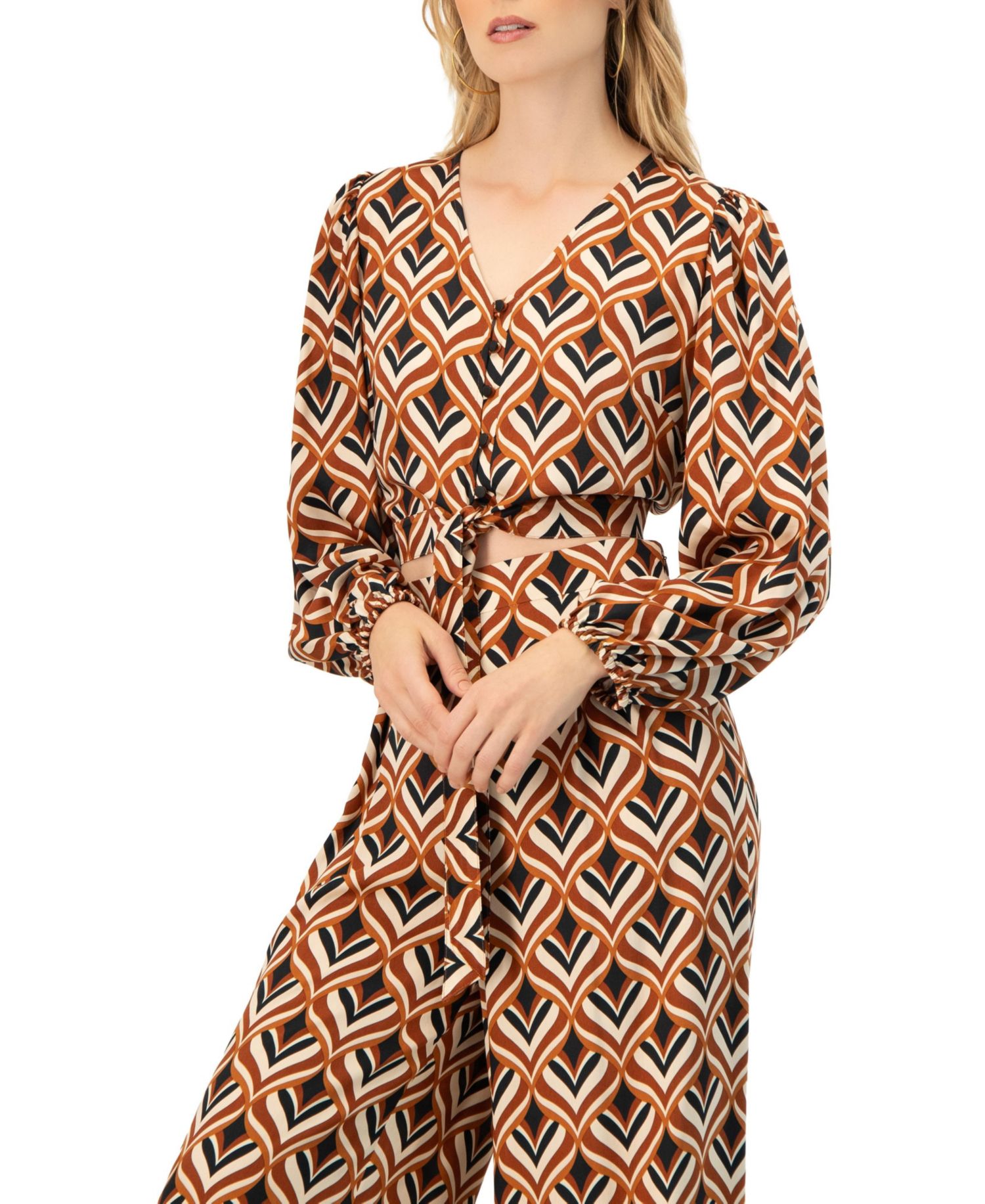 Women's V-Neck Geometric Print Blouse with Bottom Tie