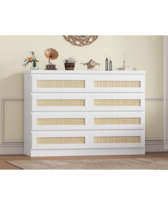 8 Drawer Rattan Dresser for Bedroom, Double Wood Chest of Drawers TV Stand