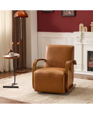 Faux Leather Swivel Accent Chair with Solid Wood Armrests