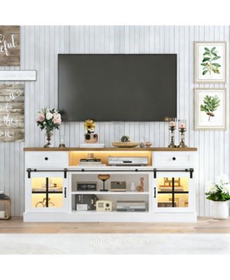Farmhouse TV Stand for TVs, Entertainment Center with Barn Doors, Drawers, Shelves and Power Outlets