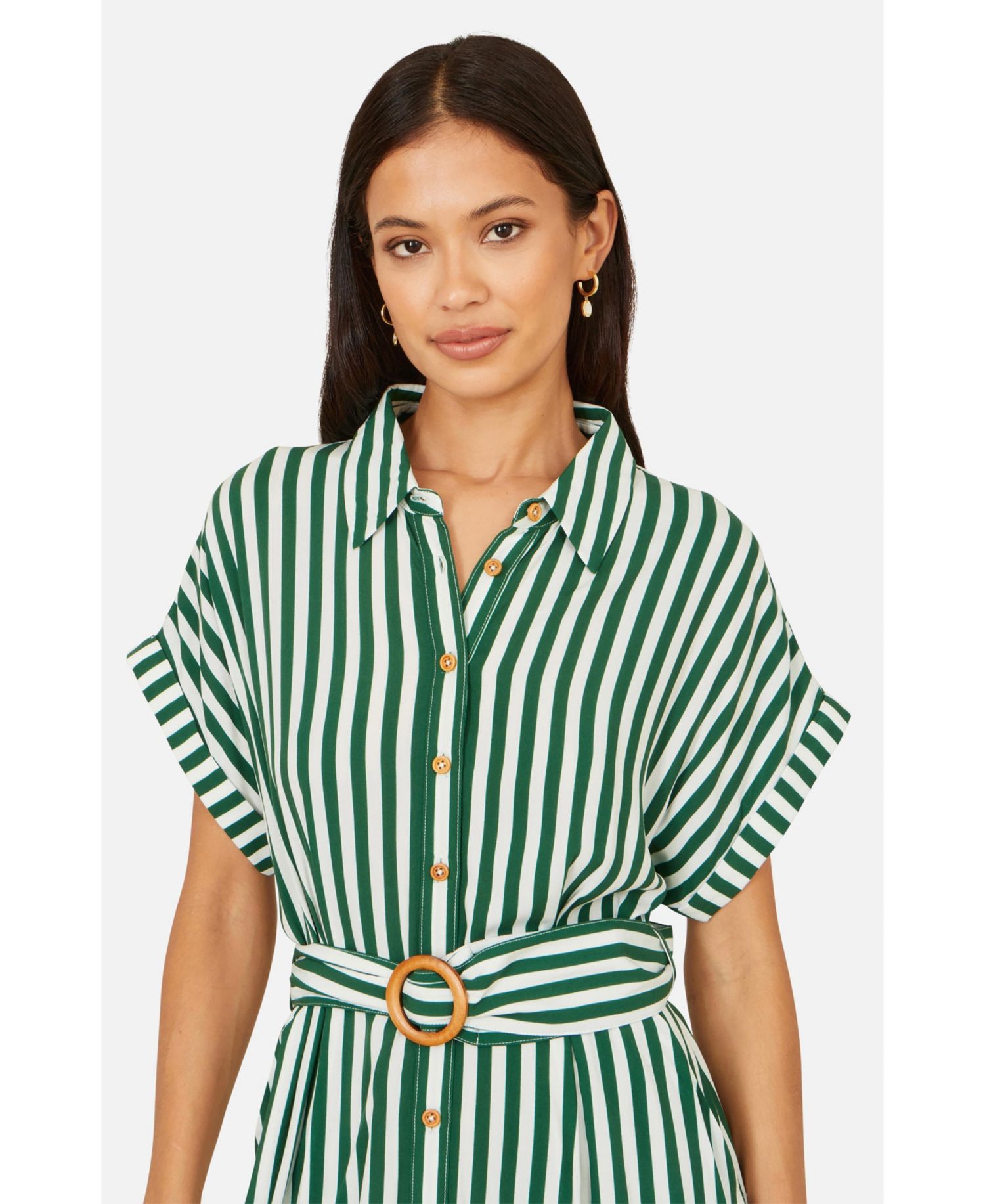 Women's Stripe Print Belted Midi Shirt Dress