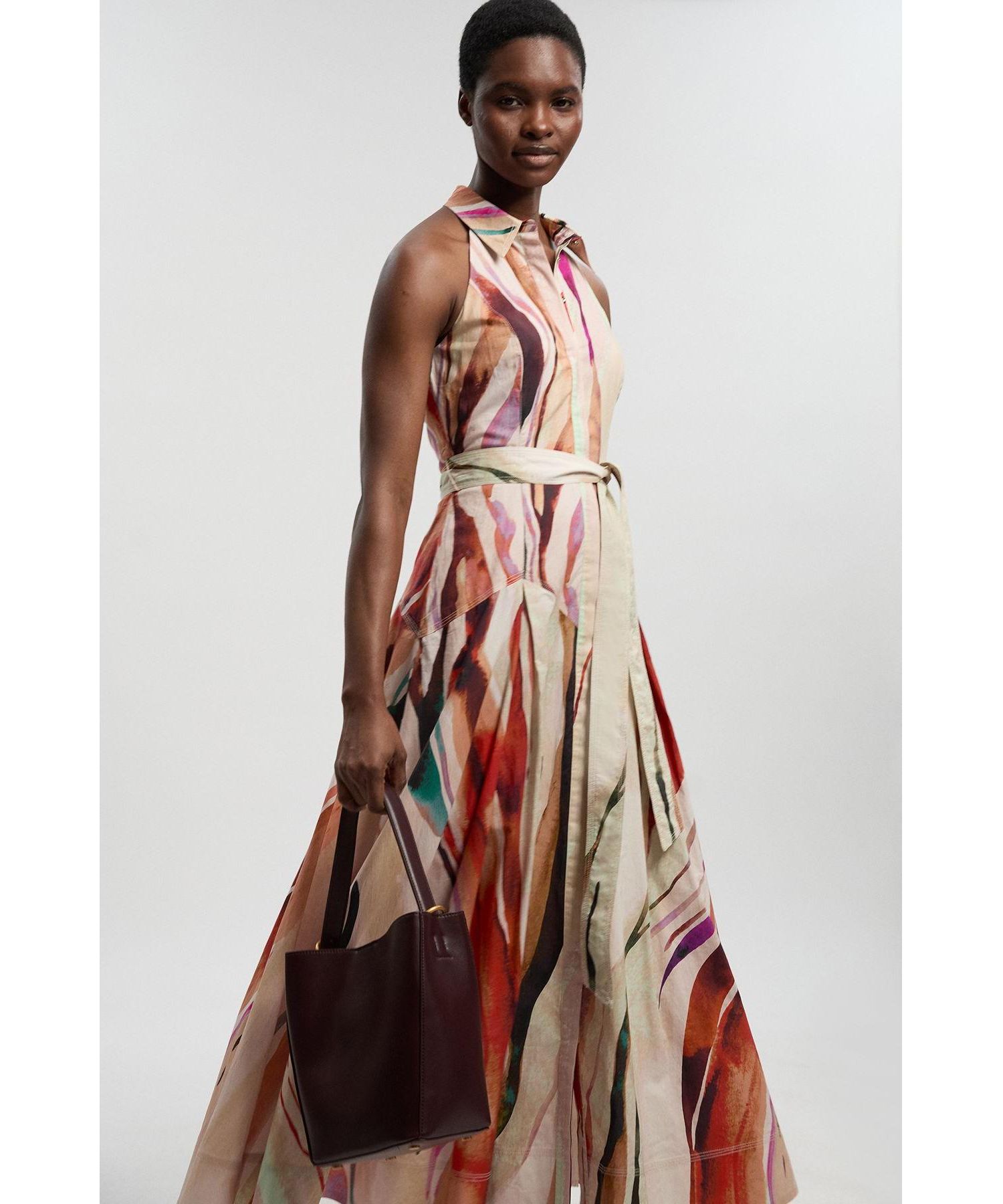 Women's Marble Print Halter Midi Shirt Dress