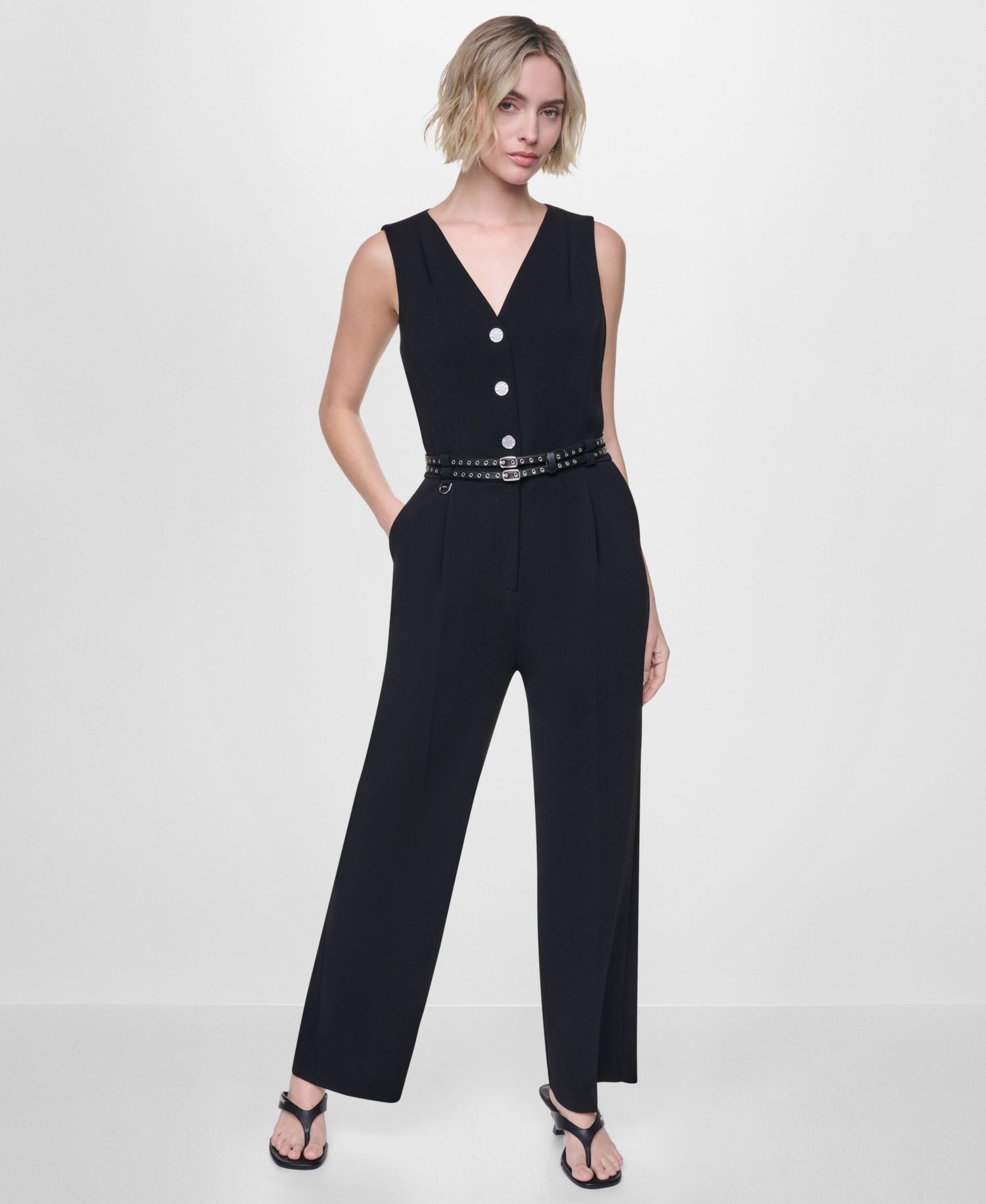 Women's Textured Belted Sleeveless Jumpsuit