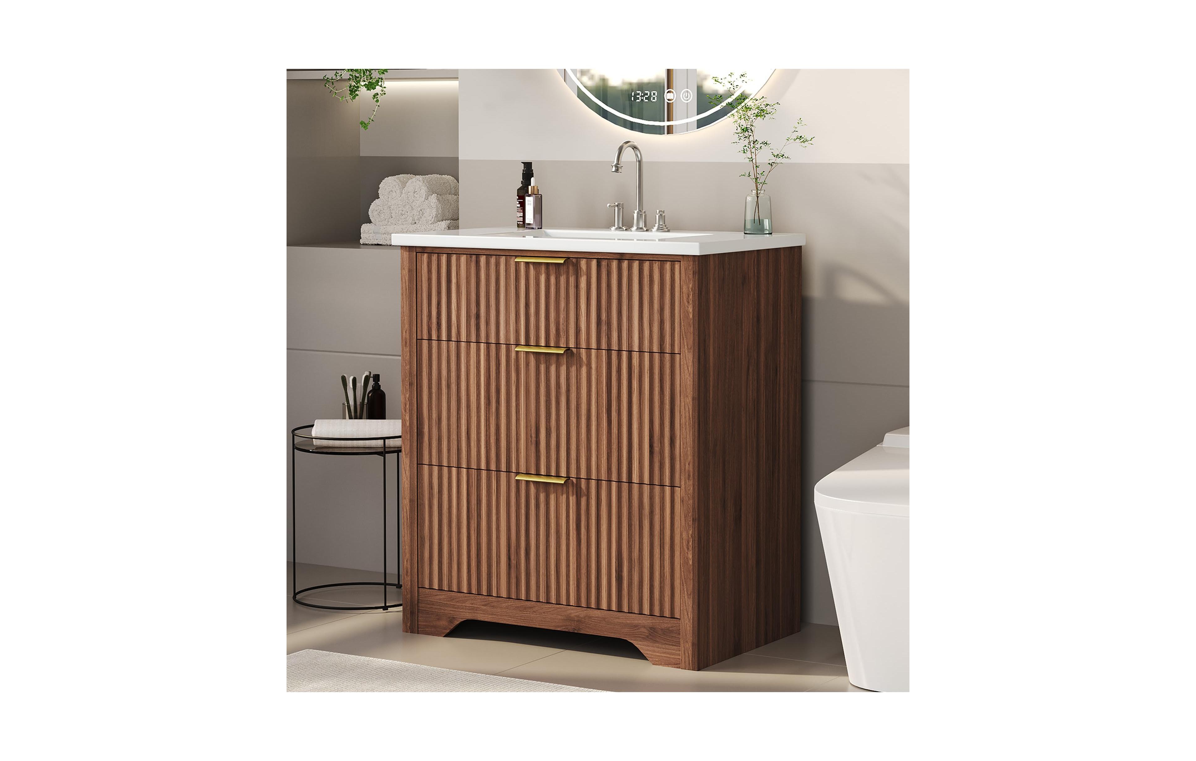 homfan Fluted Farmhouse Bathroom Vanity with Sink, Freestanding Storage Cabinet with 2 Drawers and 1 Flip-Down Drawer, Simple to Assemble and Clean