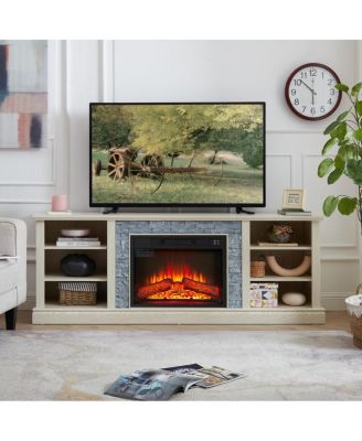 Large Faux Stacked Stone TV Media Console with Fireplace Insert