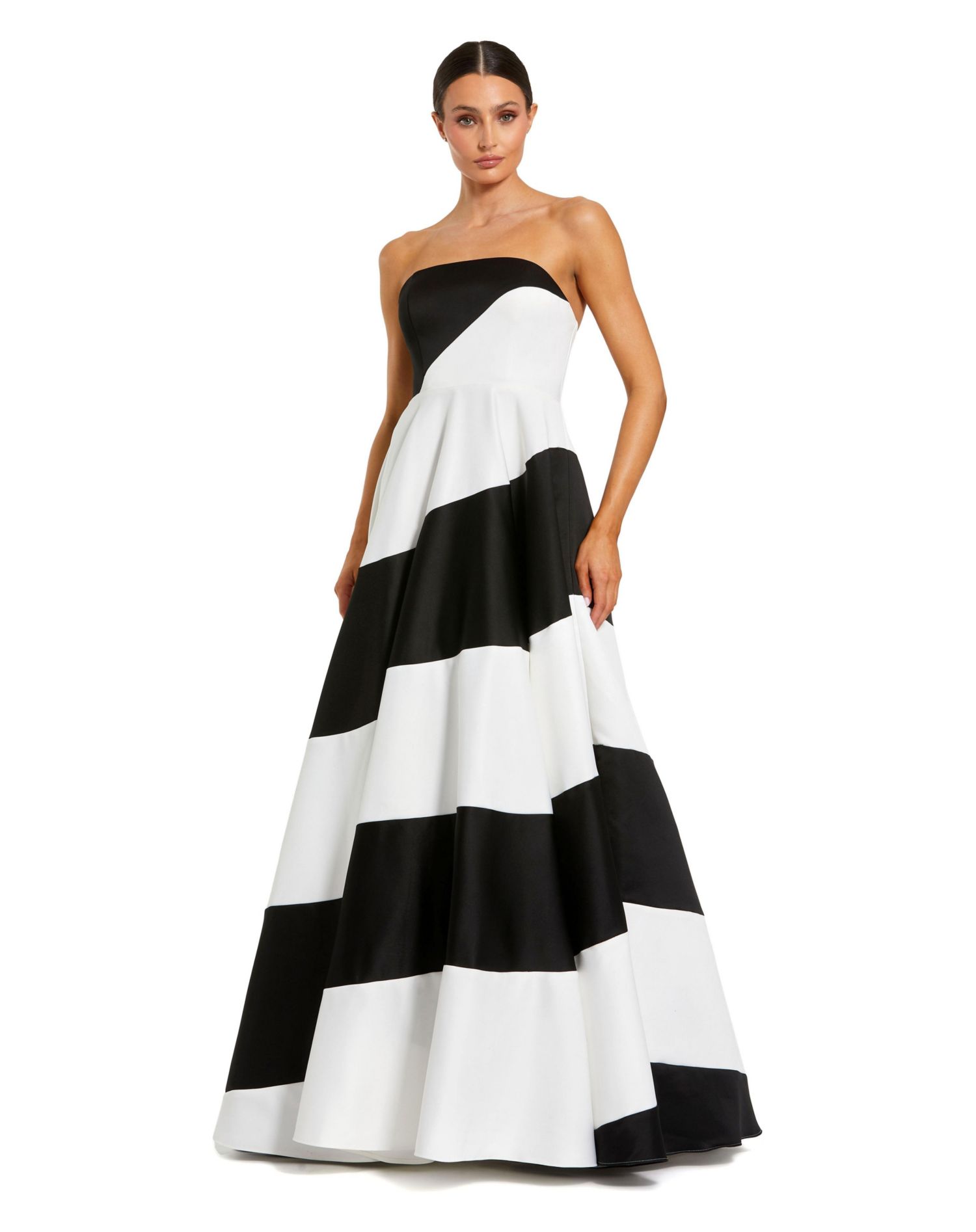 Petite Strapless Satin Ballgown with Bold Colorblock Stripes