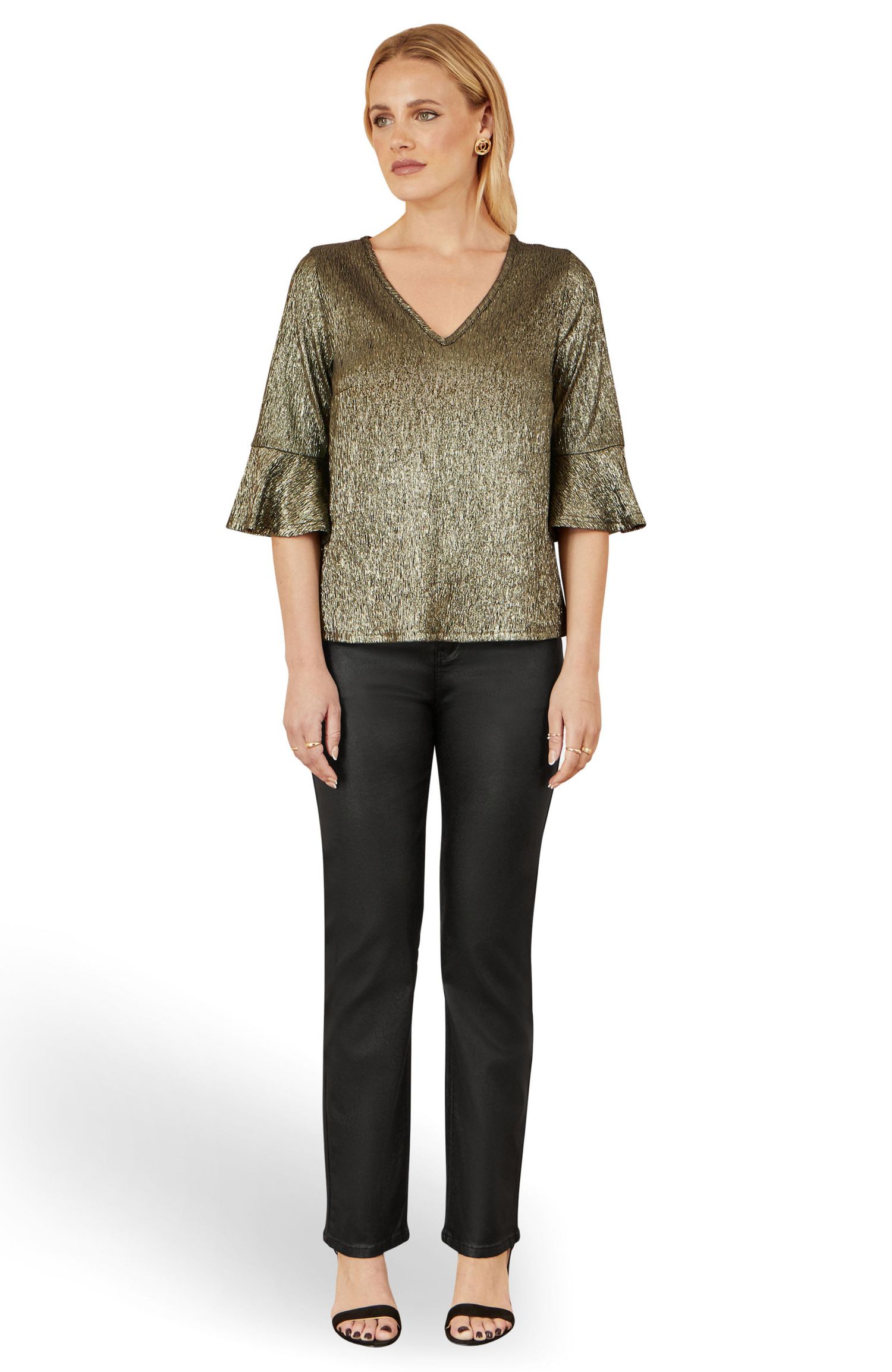 Women's Fluted Sleeve Metallic Stretch Top