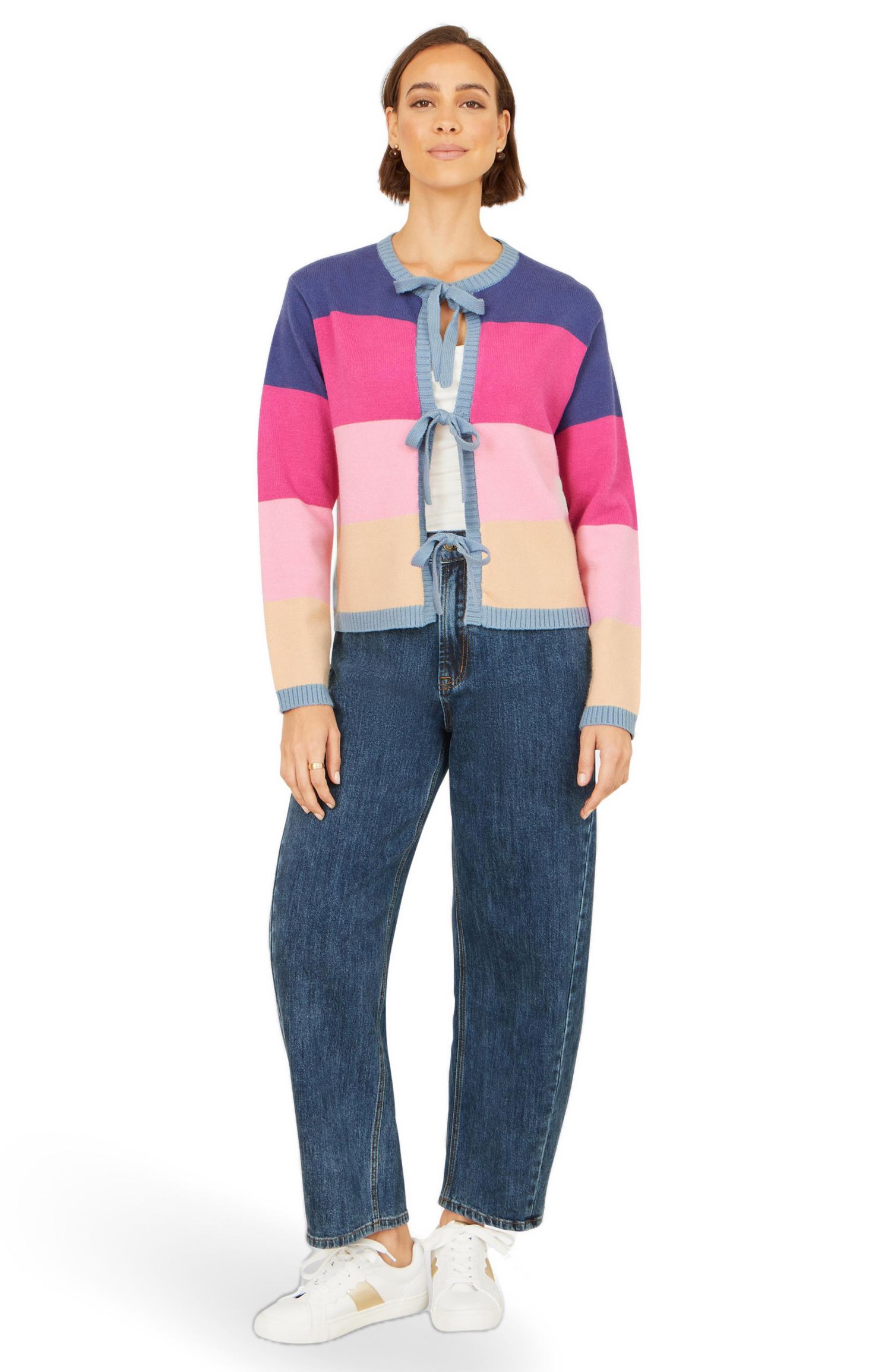 Women's Block Stripe Tie Front Cardigan