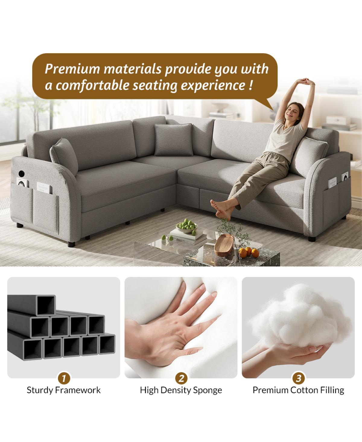 Streamdale Furniture L-Shaped Sofa with Pull-Out Bed, Teddy Upholstered Sectional