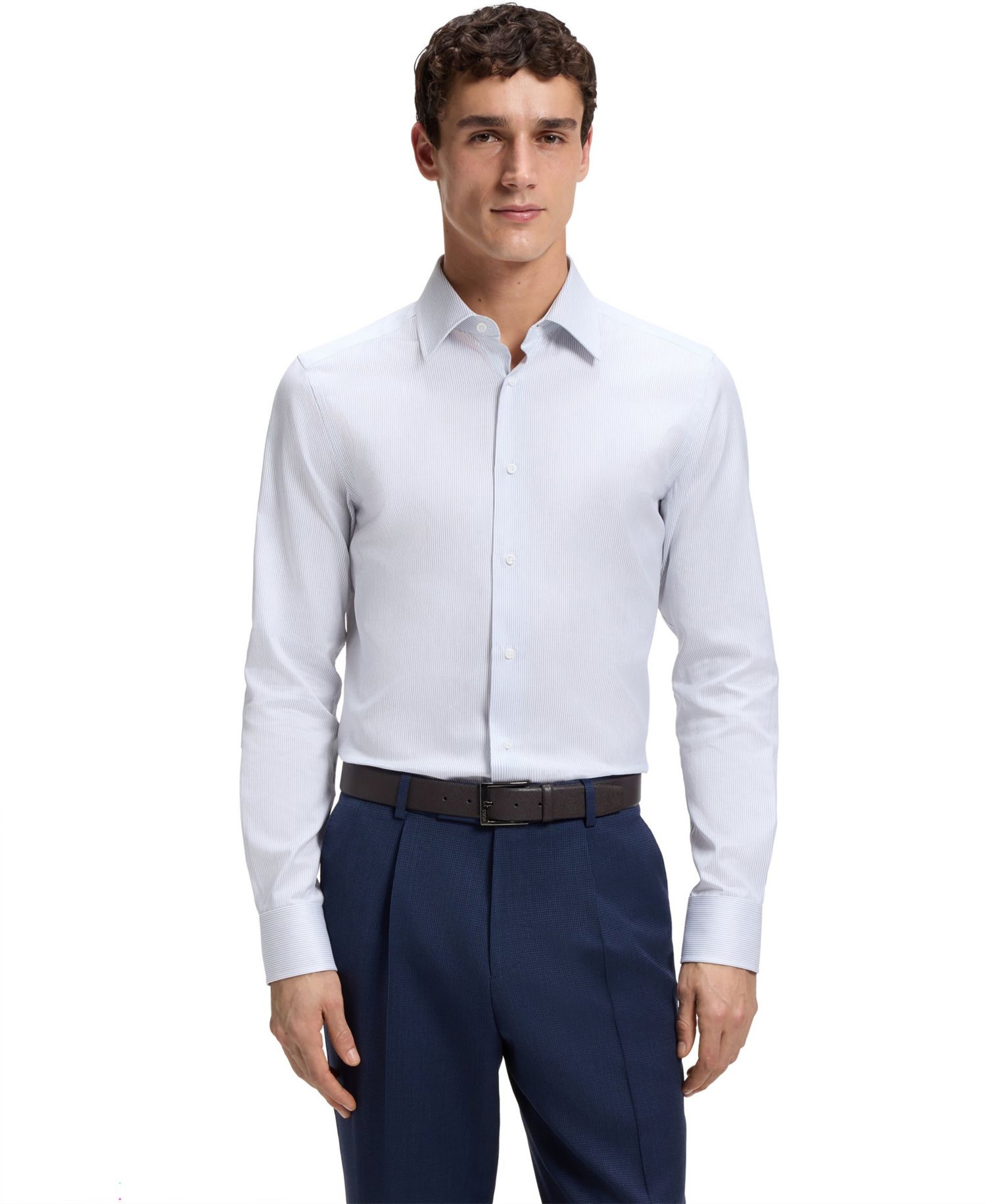 Men's Cotton Slim-Fit Striped Dress Shirt