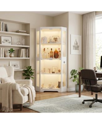 Hexagon Corner Display Cabinet with Tempered Glass Doors, Motion Sensor LED Lighting and Built-In USB/USB-C Charging Ports