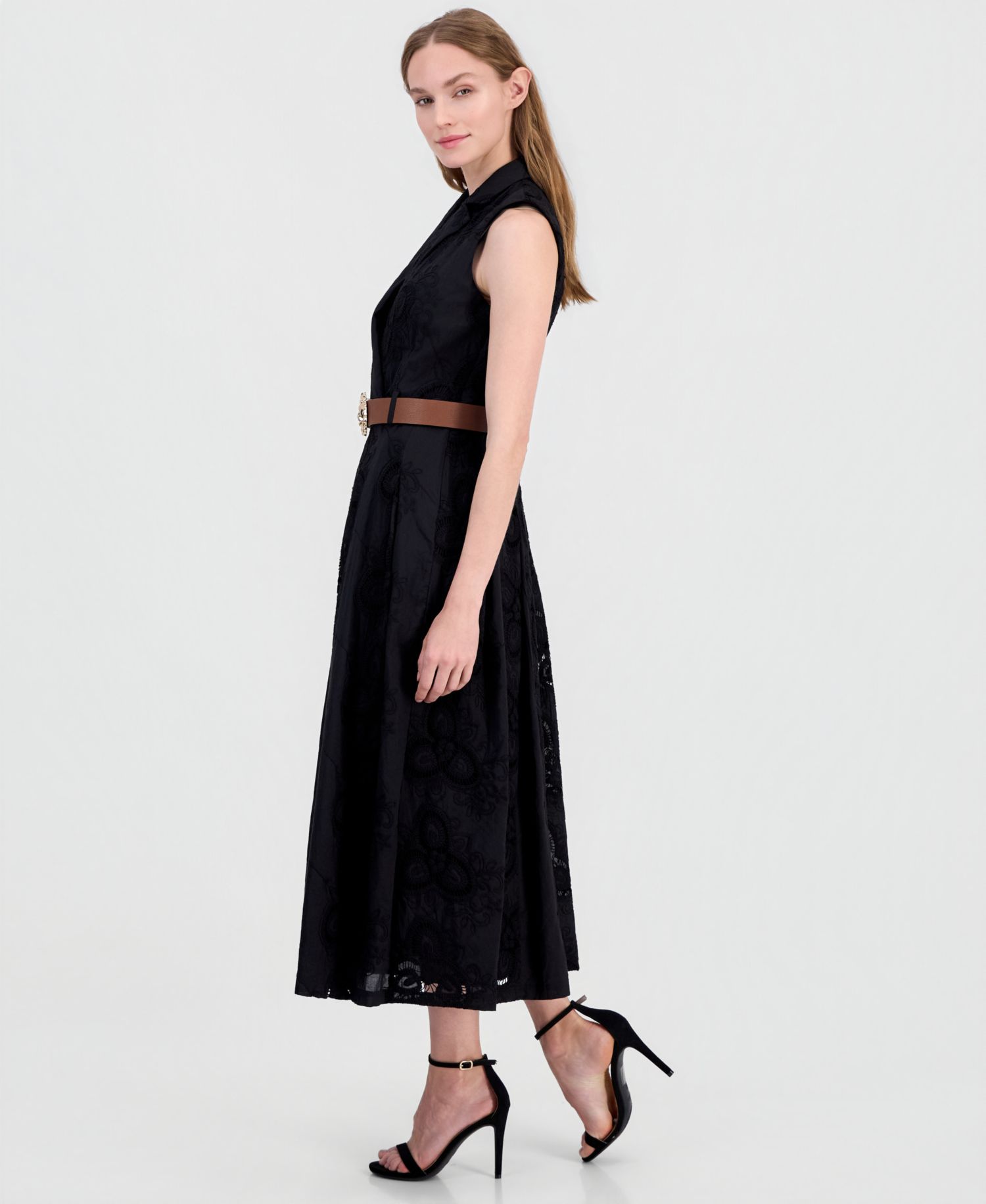 Women's Belted Eyelet Embroidered Cotton Midi Dress