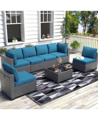 7 Piece Patio Furniture Set, Outdoor Modular Wicker Sectional Couch with Tempered Glass Coffee Table with Washable Cushions for Backyard