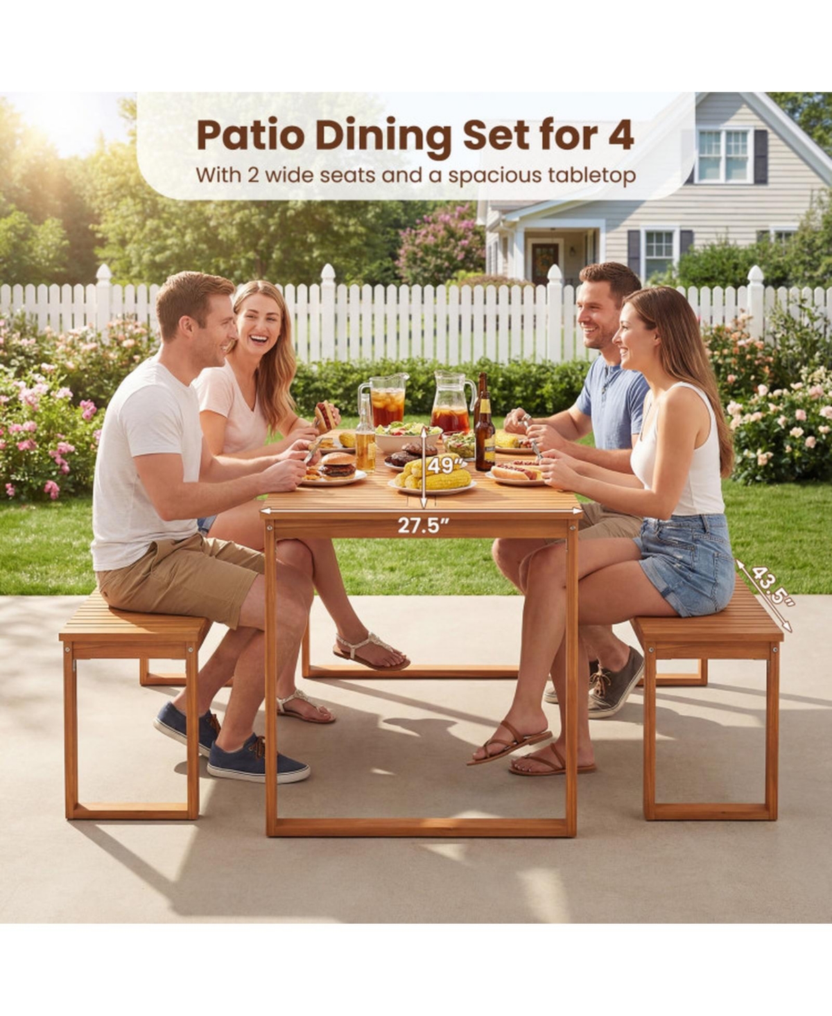 Sugift Acacia Wood Outdoor Dining Table with Slatted Tabletop for Garden