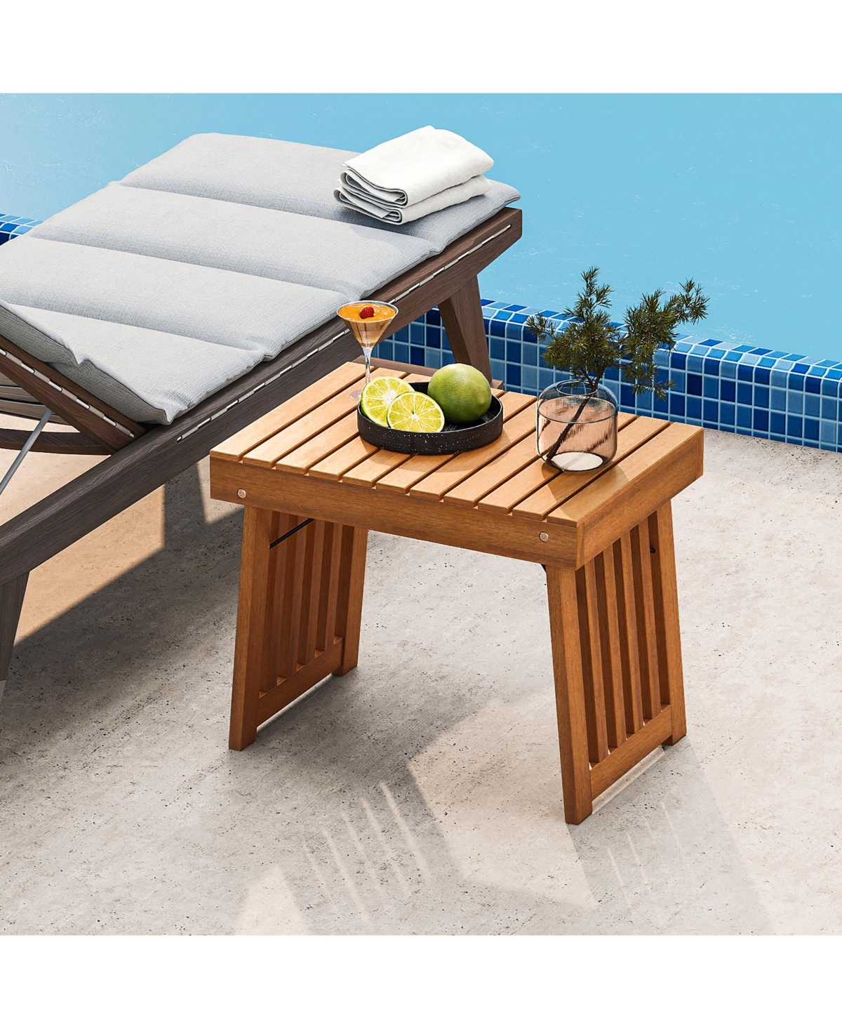 Gymax Outdoor Folding Side Table Patio Acacia Wood End Table with Slatted Tabletop