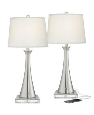 Karl Modern Table Lamps Set of 2 with Square Risers Brushed Nickel USB and AC Power Outlet in Base Shade for Bedroom House