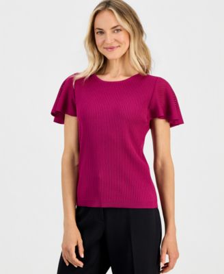 Women's Crewneck Flutter-Sleeve Rib-Knit Sweater 
