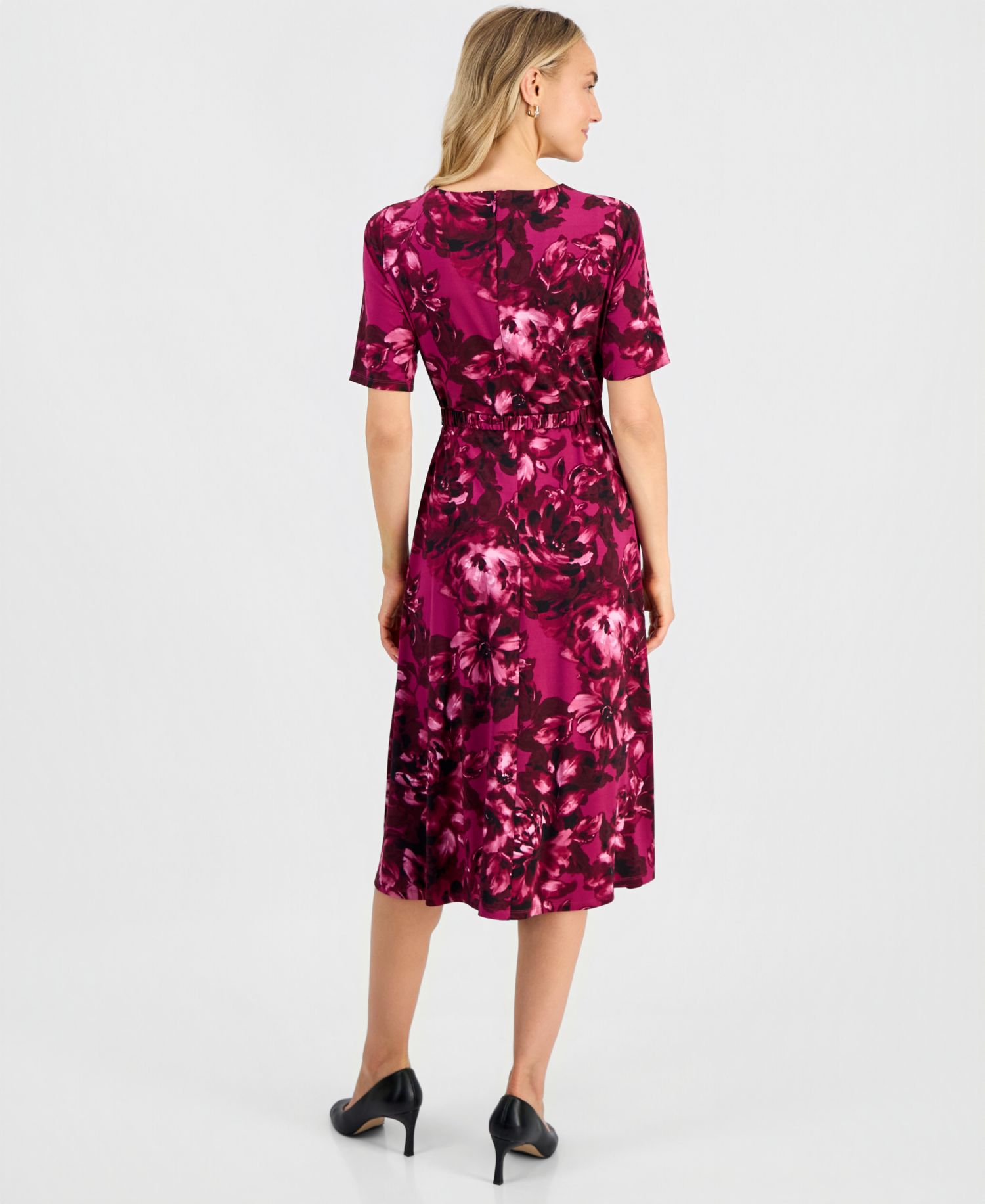 Women's Pleat-Neck Belted Short-Sleeve Dress