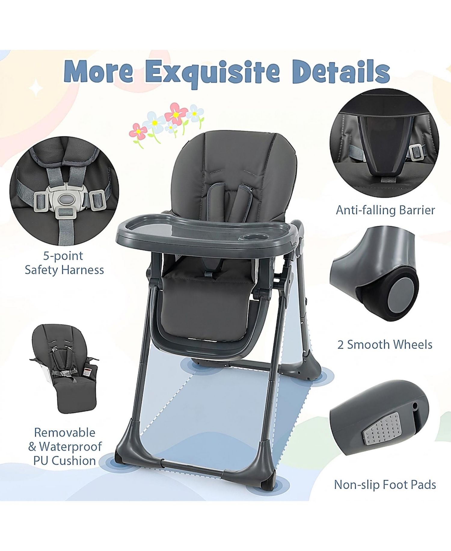 Baby 3-in-1 Convertible High Chair with 7 Heights and Dual Food Tray