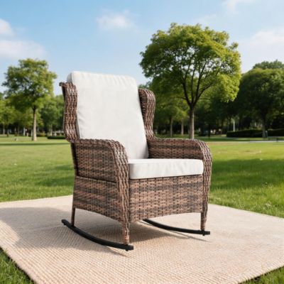 Outdoor Resin Wicker Rocking Chair with Cushions, All-Weather Patio Rocker for Porch, Deck, Garden or Balcony