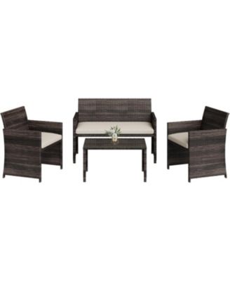 4-Piece Outdoor Patio Furniture Set, PE Rattan Conversation Set with Loveseat, 2 Chairs and Tempered Glass Coffee Table