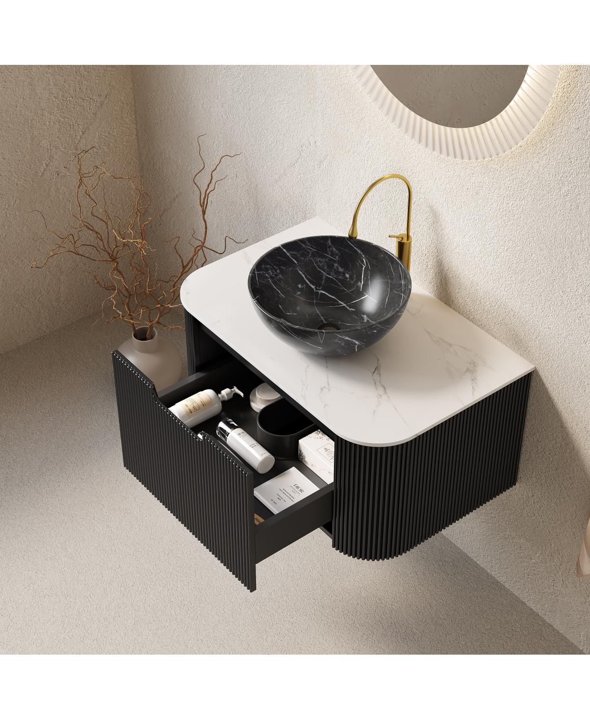 Sillysis Wall Mounted Bathroom Vanity, Artificial Marble Top with Bowl Sink, Striped Plywood Cabinet