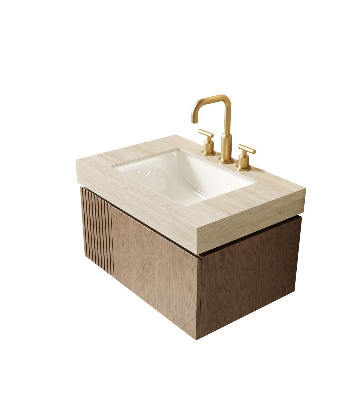 Sillysis Wall Mounted Bathroom Vanity, Travertine Pattern Sintered Stone Top, 3-Hole Ceramic Sink, Soft Close Cabinet