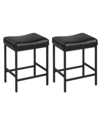 Bar Stools Set of 2 25'' Faux Leather Upholstered Saddle Stools with Metal Legs