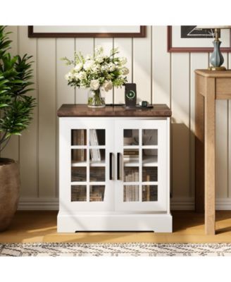 Farmhouse Bedside End Table with Charging Station, Glass Barn Door Design, Adjustable Shelves and Large Storage, Stable for Bedroom