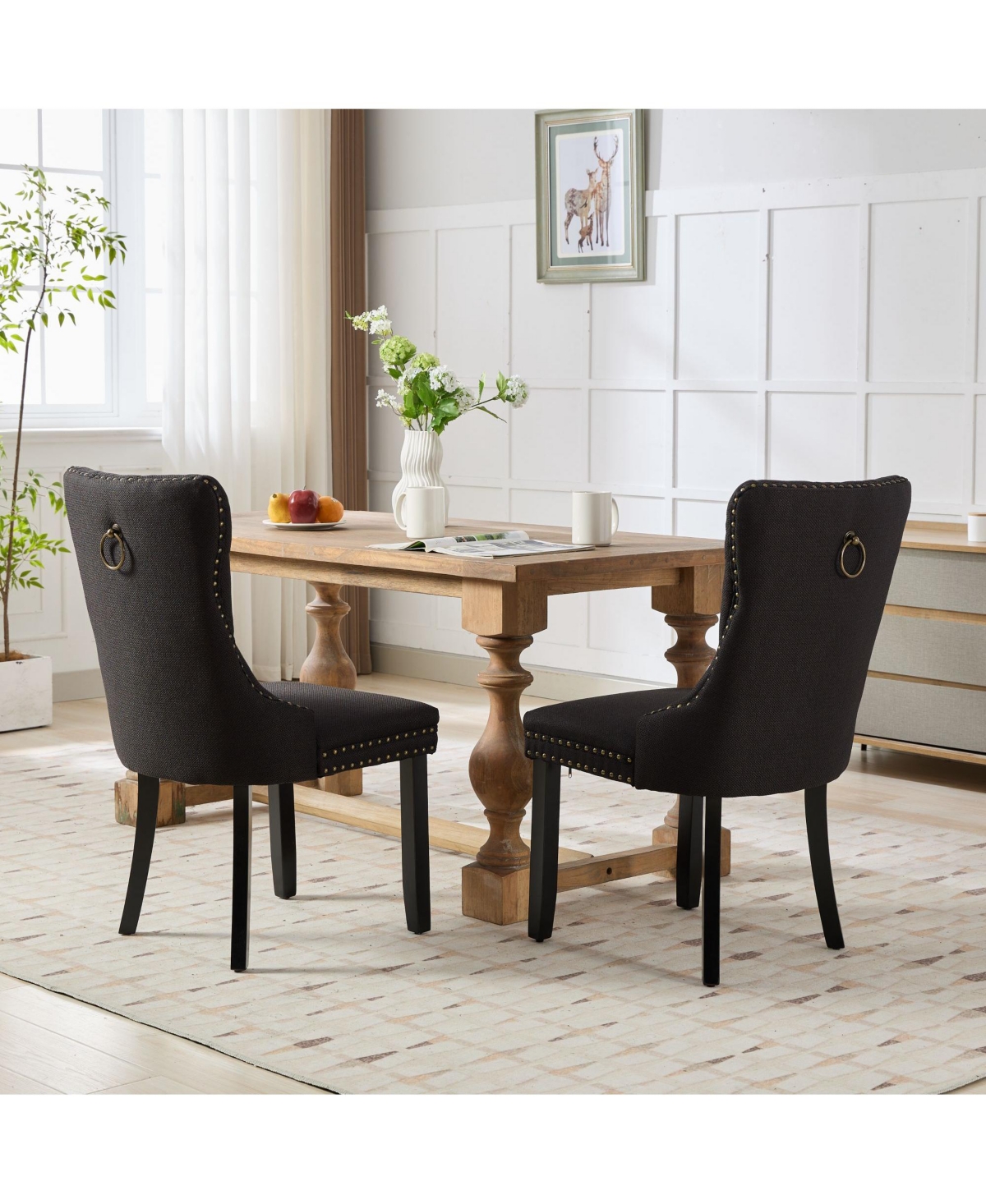 Clihome Nikki Collection Modern, High-end Tufted Solid Wood Contemporary Flax Upholstered Linen Dining Chair with Legs Nailhead Trim 2-Pcs Set