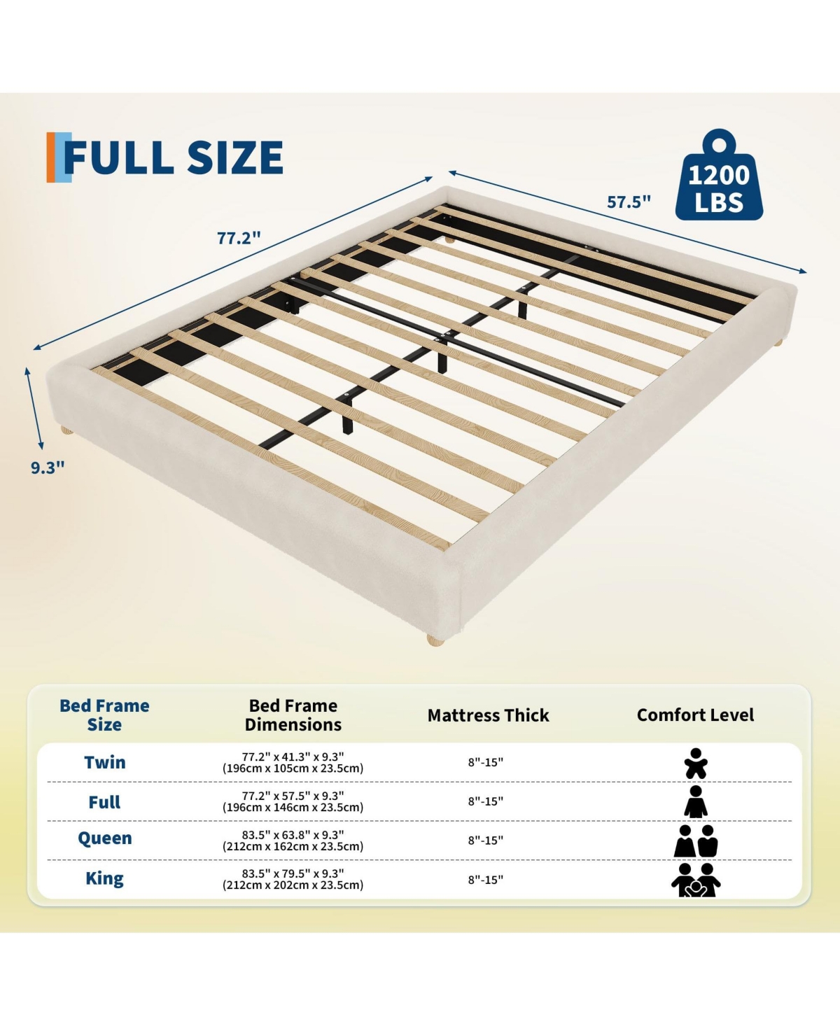 homfan Upholstered Low Platform Bed Frame with Round Wood Legs, No Headboard, Slat Support