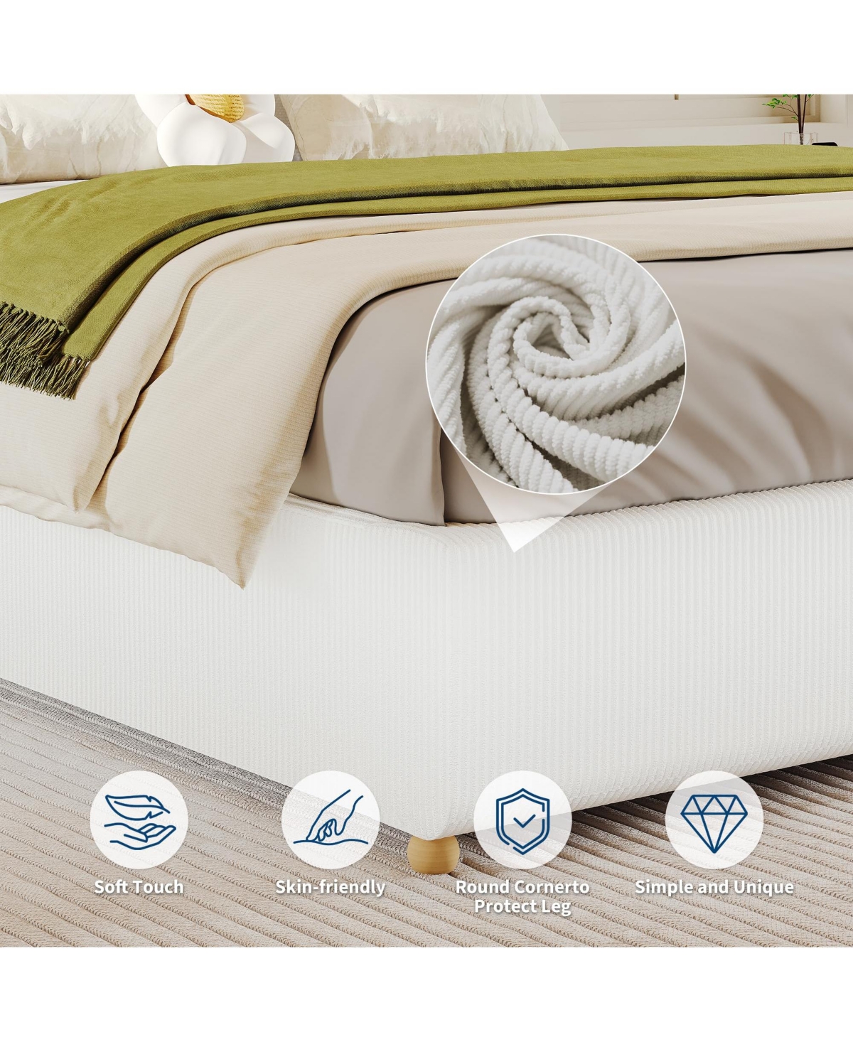 homfan Upholstered Low Platform Bed Frame with Round Wood Legs, No Headboard, Slat Support