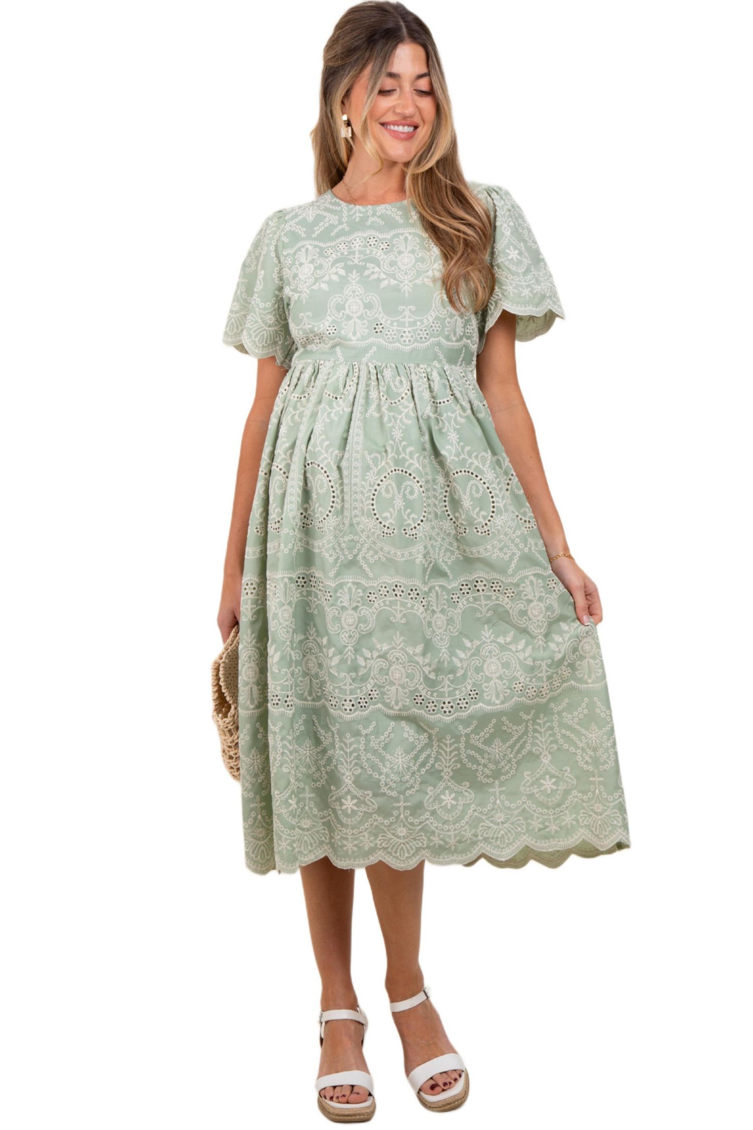 Women's Light Olive Floral Embroidered Tied Waist Midi Dress