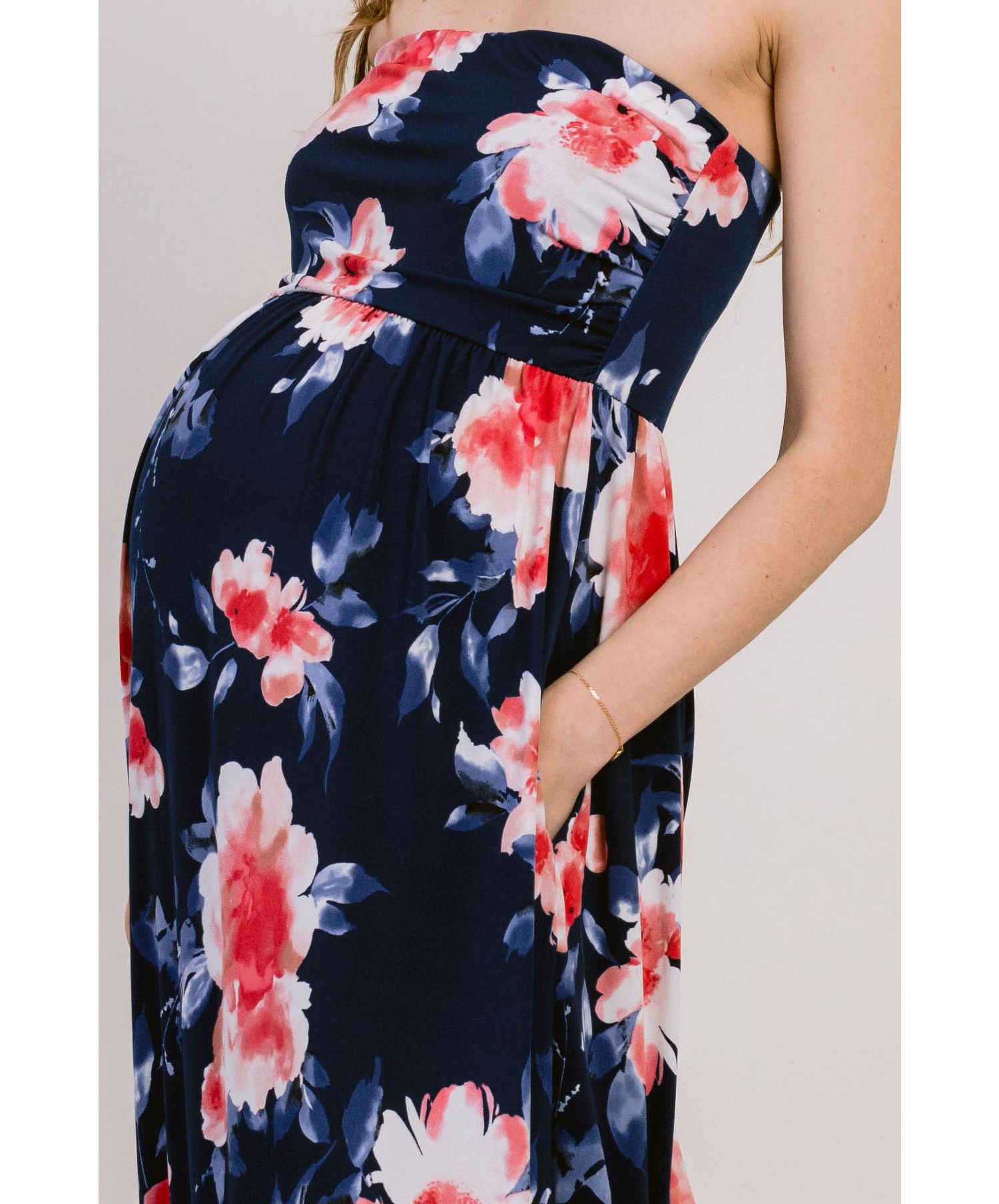 Women's Strapless Empire Waist Floral Maxi Dress with Side Pockets