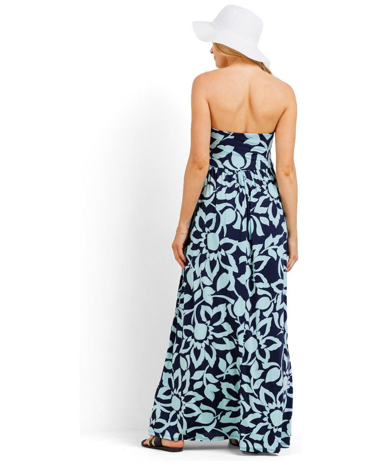 Women's Floral Strapless Empire Waist Maxi Dress with Side Pockets