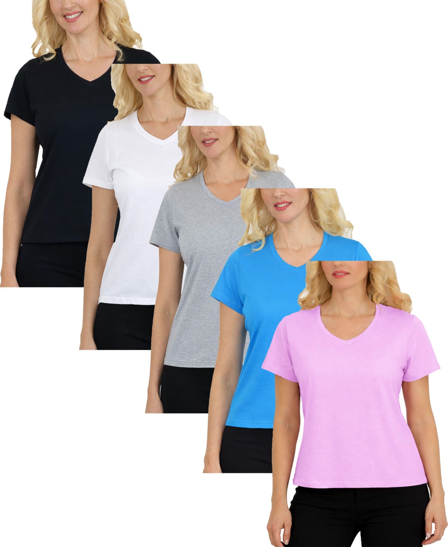 Women's Divatee Relaxed Fit V-Neck Short Sleeve T-Shirt-5 Pack