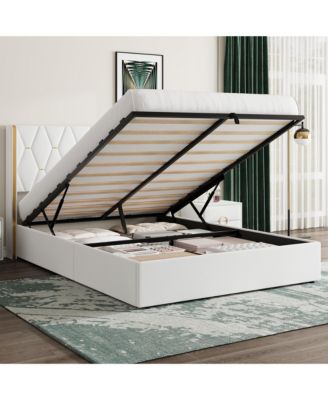 Velvet Lift-Up Storage Bed Frame with Wingback Headboard and Gold Trim, Diamond Tufted Platform Bed, No Box Spring Needed