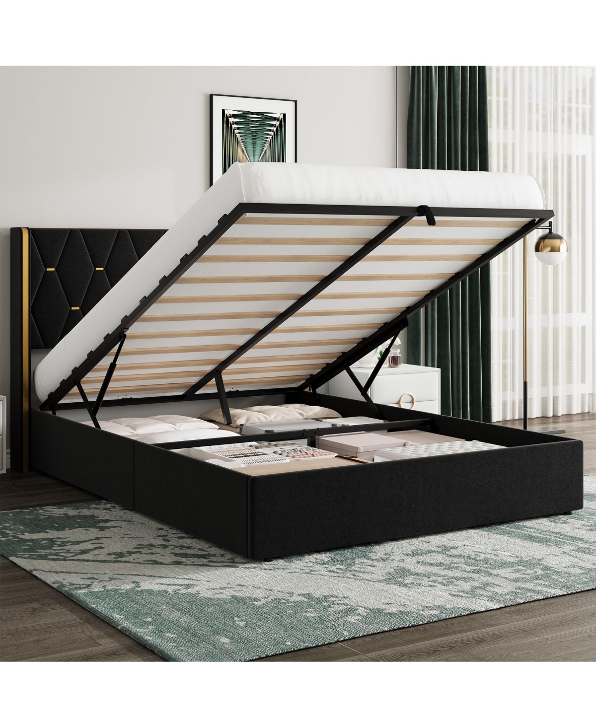 homfan Velvet Lift-Up Storage Bed Frame with Wingback Headboard and Gold Trim, Diamond Tufted Platform Bed