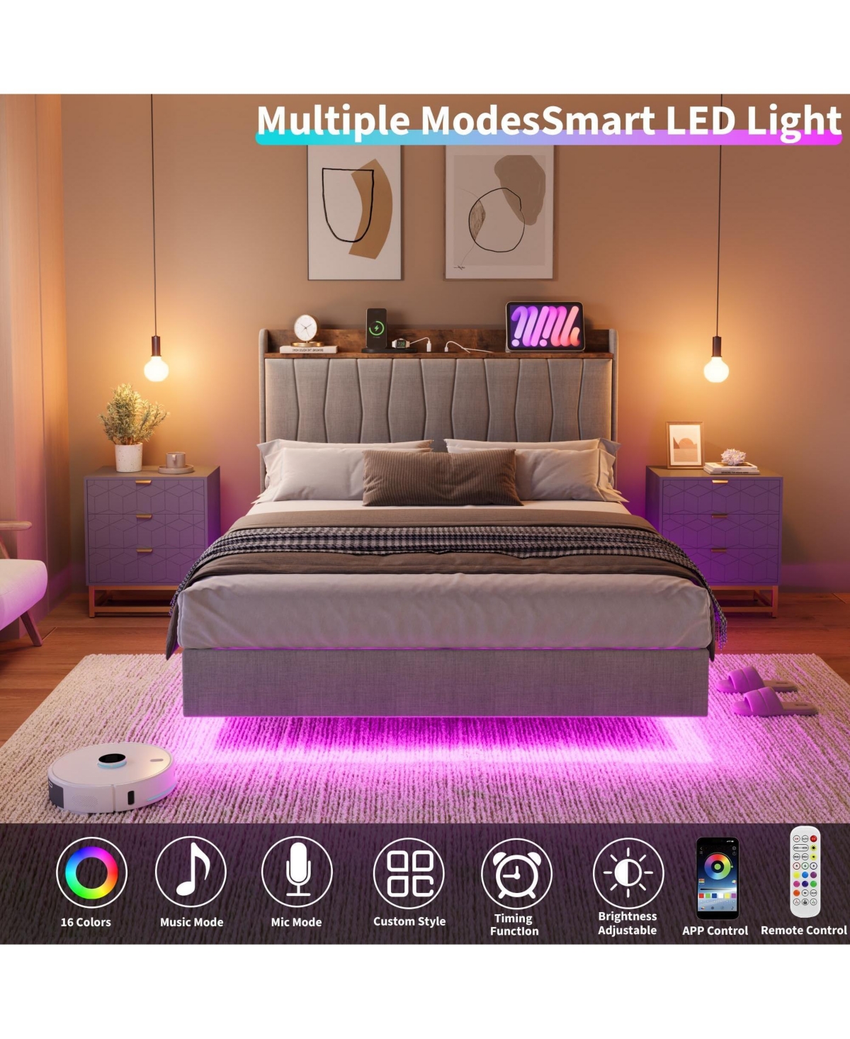 homfan Floating Platform Bed Frame with Led Lights, Charging Station and Storage Headboard, Upholstered Bed