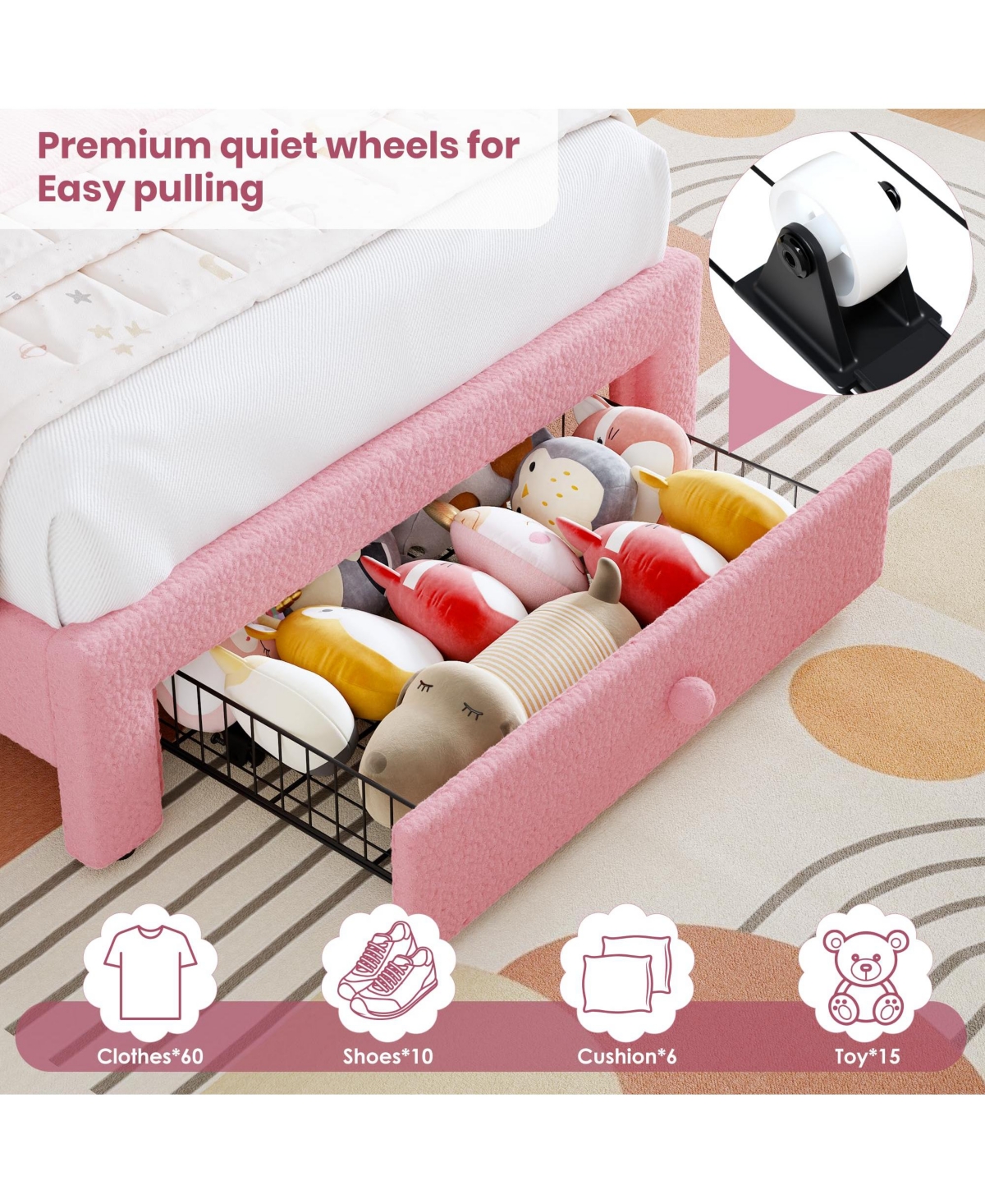 homfan Upholstered Kids Bed Frame with Led Rainbow Headboard and Storage Drawer, Wood Slats, No Box Spring Needed