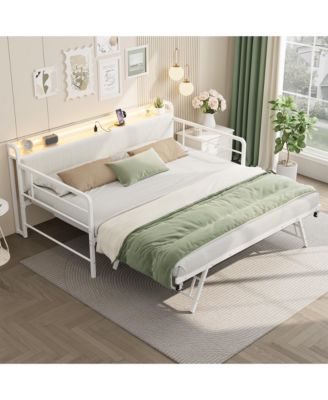 Twin Daybed with Pop-Up Trundle, LED Lights, Charging Station and Corduroy Storage Headboard, Metal Frame