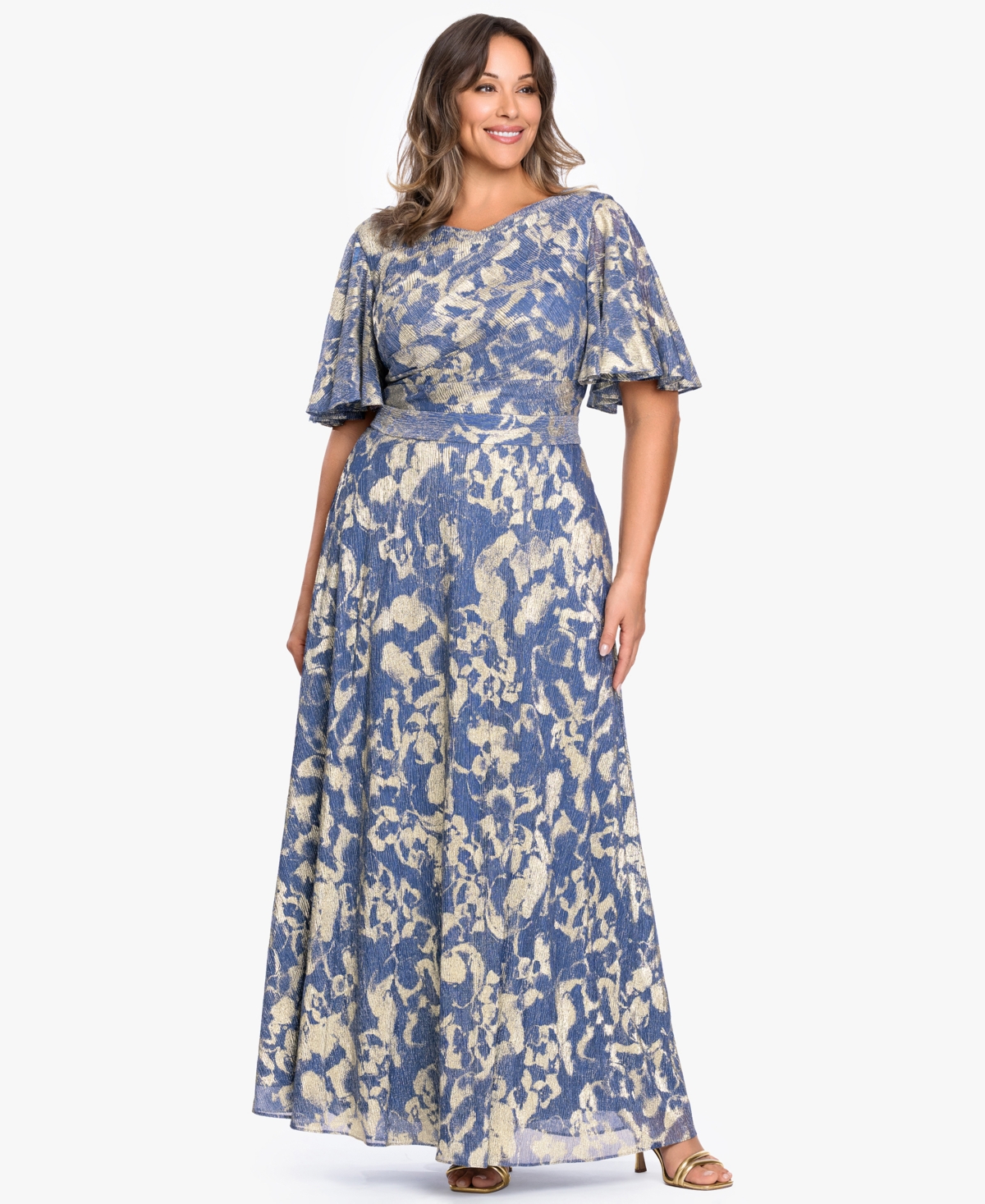 Betsy & Adam Plus V-Neck Foil Printed Gown