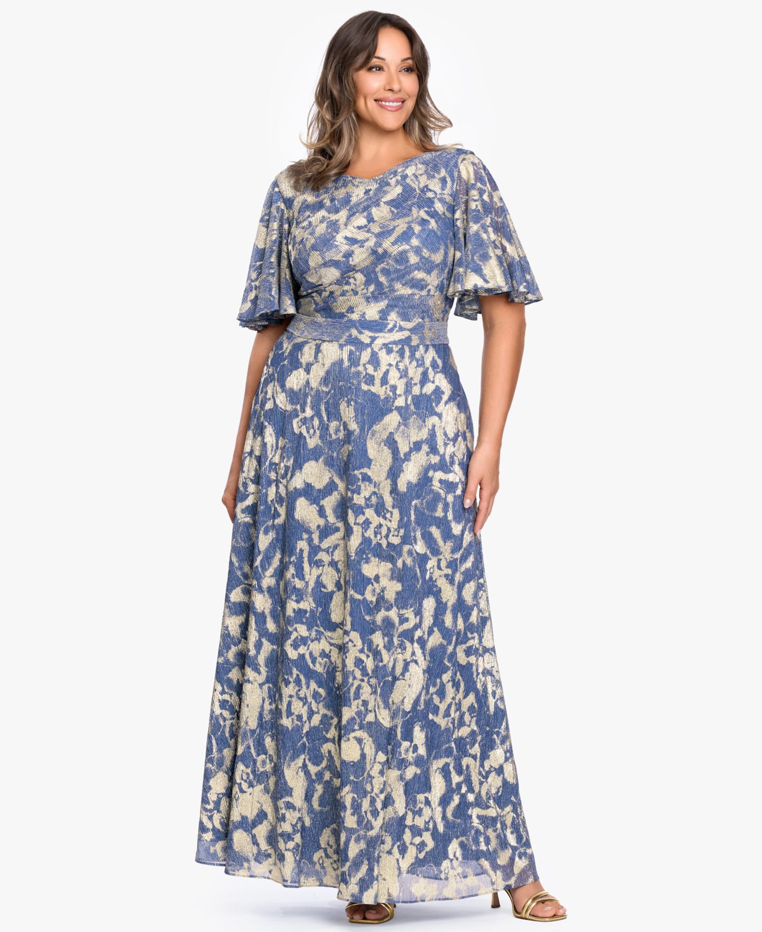 Plus Size V-Neck Foil Printed Gown