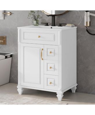   Freestanding Vanity With Ceramic Sink, Solid Wood and MDF Cabinet, Flip-Out Drawer 3 Drawers