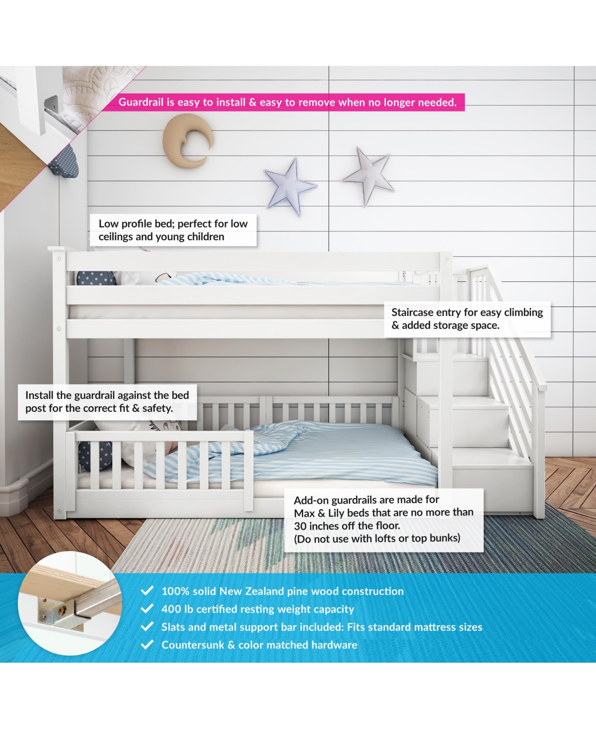 Max Lily Low Twin over Bunk with Stairs Single Guard Rail