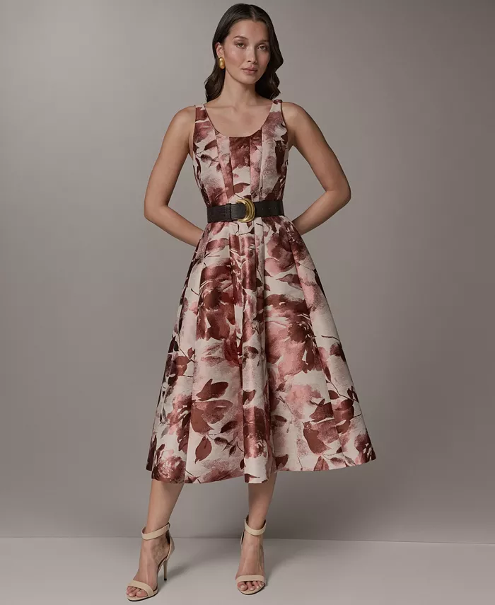 Women's Sleeveless Floral Jacquard Scoop Neck Midi A-Line Dress