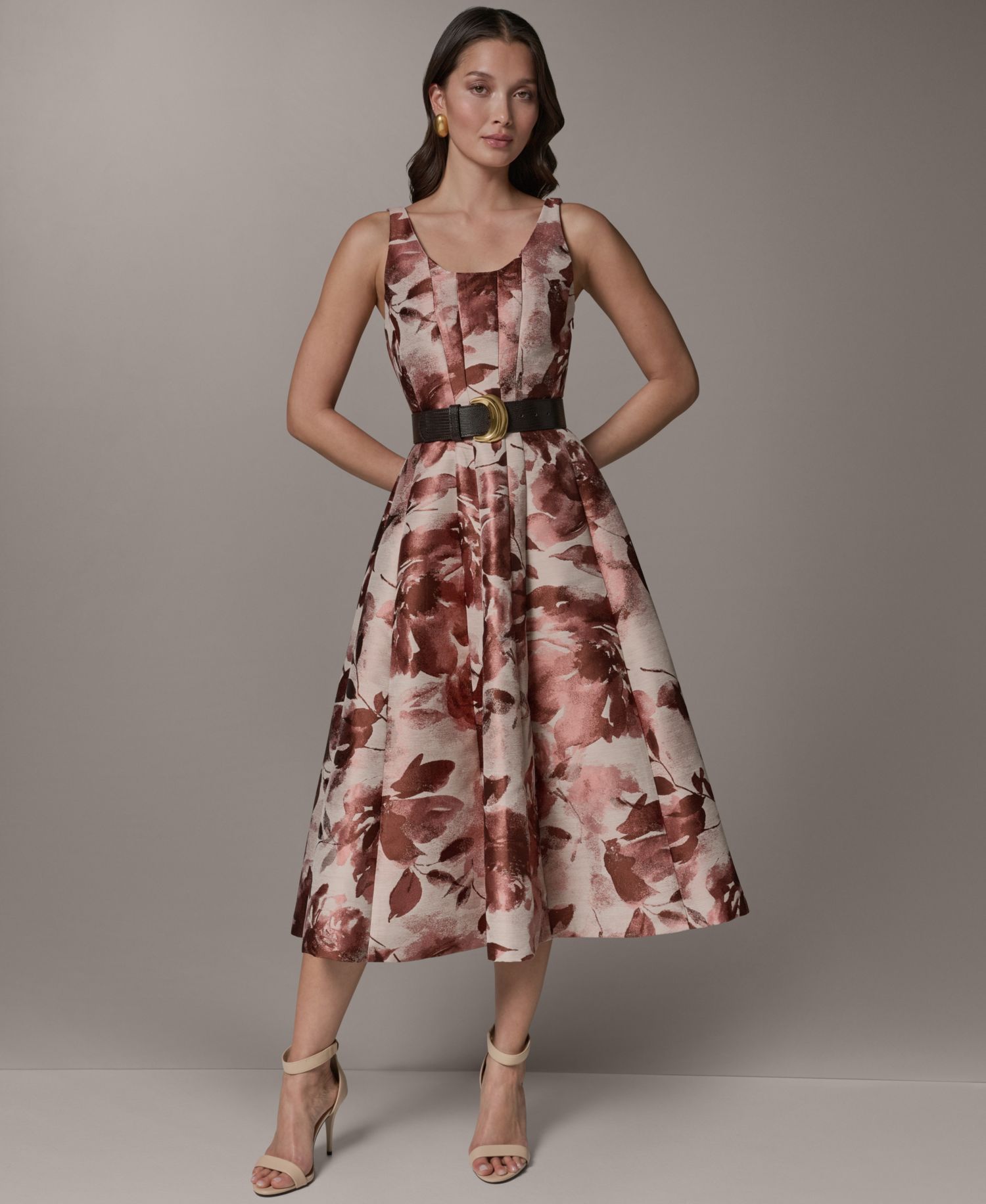 Women's Sleeveless Floral Jacquard Scoop Neck Midi A-Line Dress