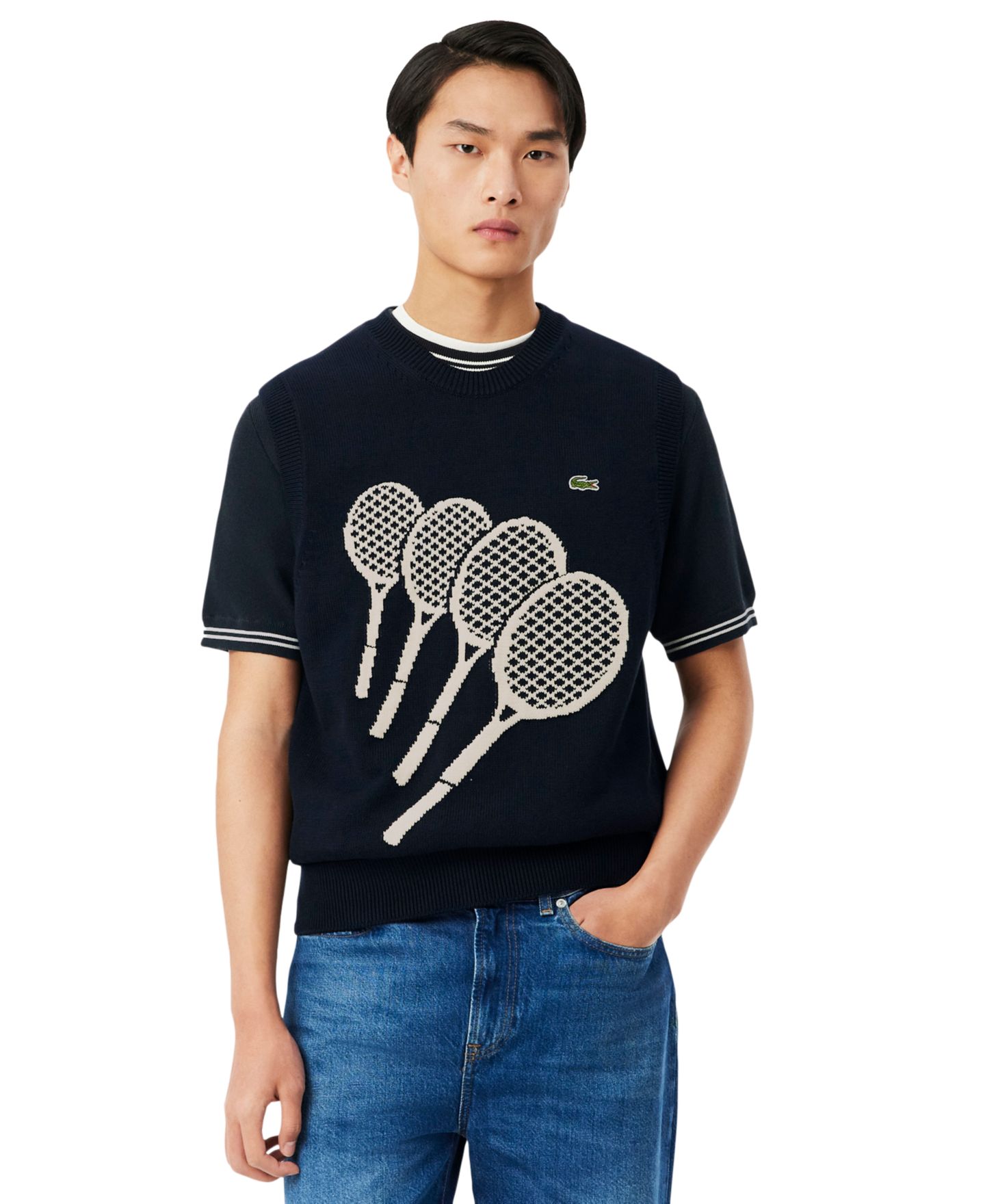 Мужской жилет Lacoste Tennis Racket Crewneck Sweater Vest, цвет: Чёрный — фото 2