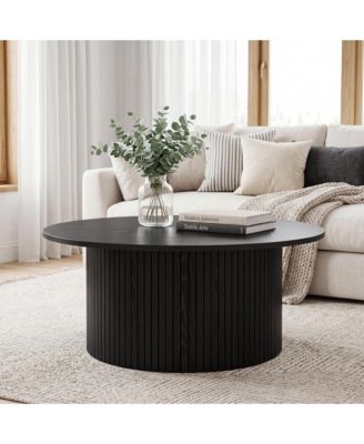 Modern Fluted Coffee Table  Round Accent Table with Metal Frame, Walnut Finish - Mid-Century Design